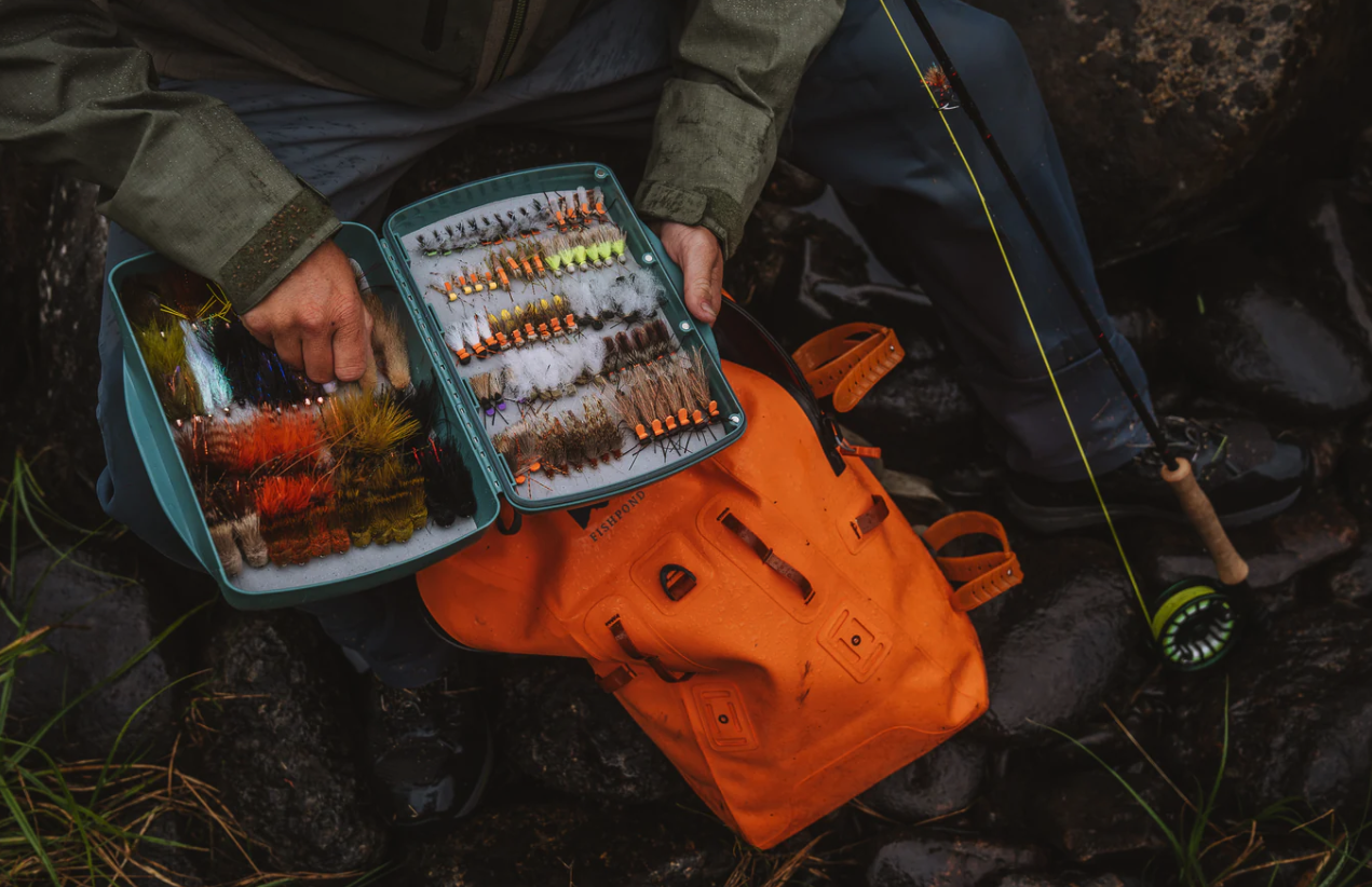 Open Fishpond Tacky Pescador Dynamic Foam Fly Box XL full of flies on river