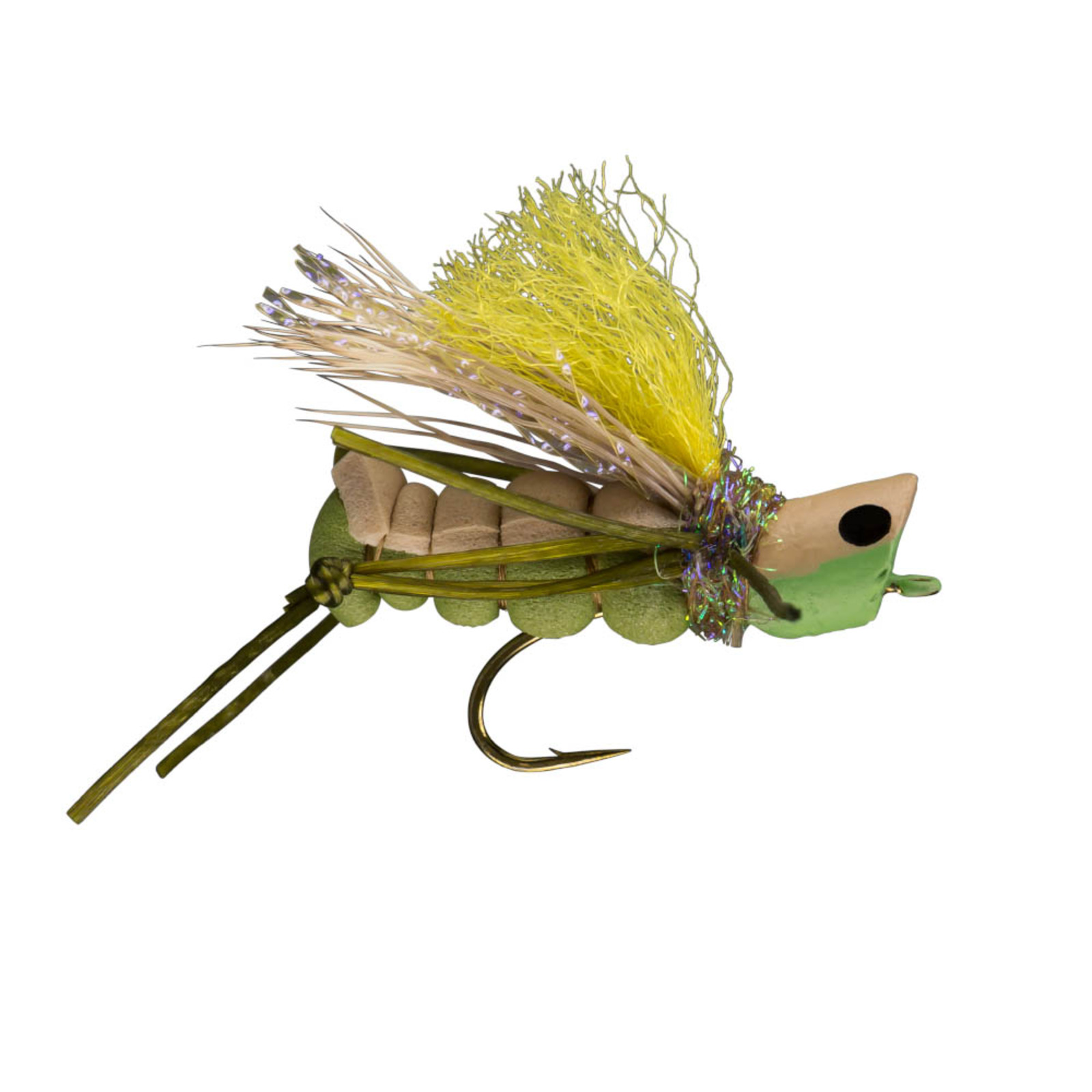 Realistic olive grasshopper popper fly for warmwater and trout fishing
