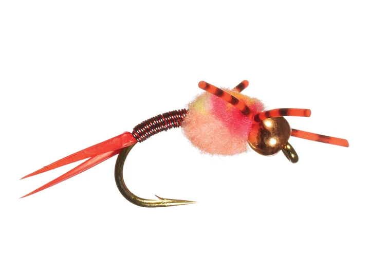 Clown Copper Spawn steelhead egg fly with pink and orange yarn, copper-wrapped body, rubber legs and bead head.