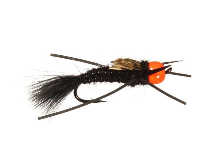 Egg Sucking Western Stonefly nymph with black body, orange bead head and rubber legs for steelhead and salmon.