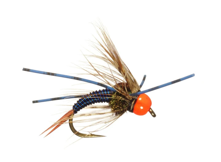 Copper blue Rubber Leg Hot Head Nymph with orange bead, brown hackle and rubber legs for steelhead nymphing.