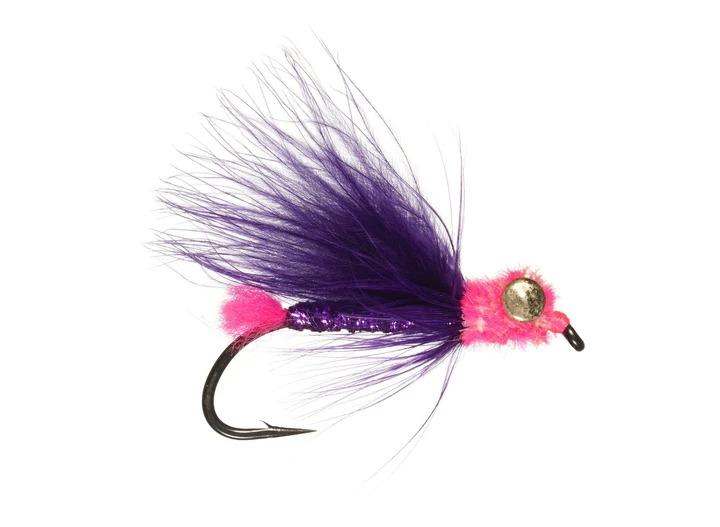Purple Steelhead Candy fly with flowing marabou, pink accents and metallic eyes for Great Lakes steelhead fishing.
