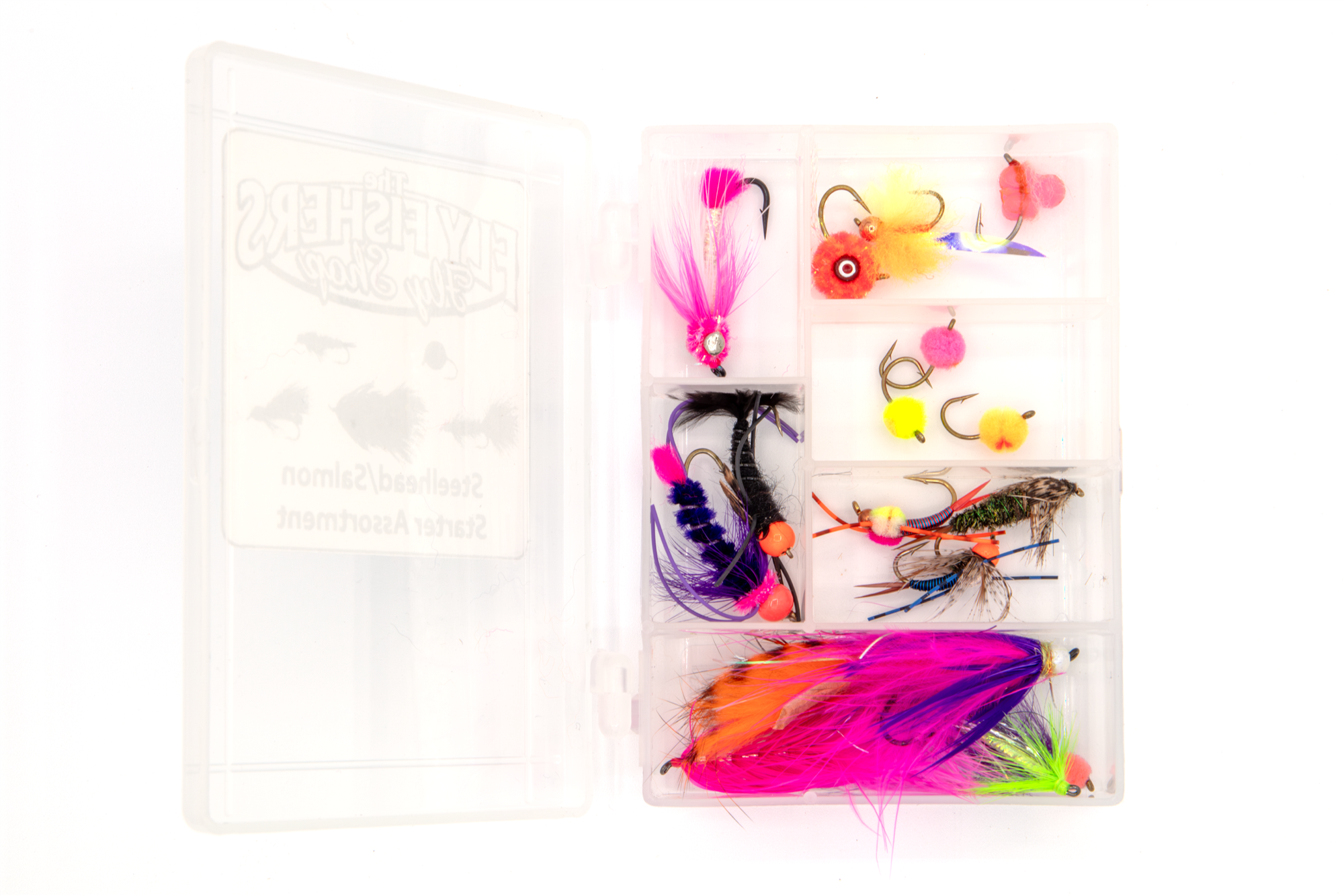 The Fly Fishers Steelhead/Salmon Starter Fly Assortment with 16 streamers, nymphs and egg flies in an open fly box.