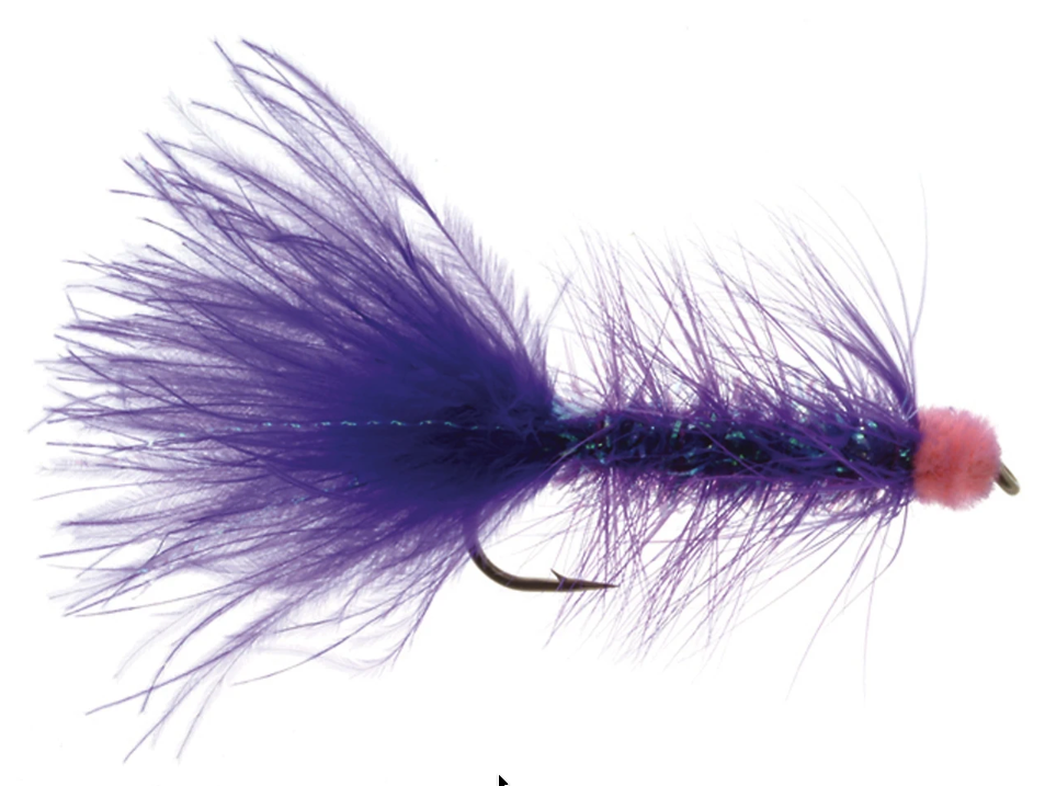 Purple Egg Sucking Krystal Leech fly with flowing marabou tail and pink egg head for lake-run steelhead and salmon.