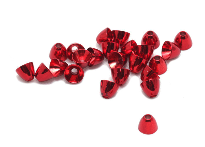 Pile of  Hareline Coneheads in metallic red color