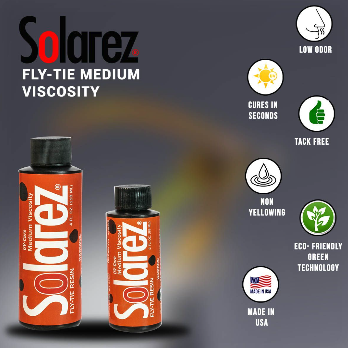 Feature list of Solarez UV Fly Tying Resin Medium Viscosity