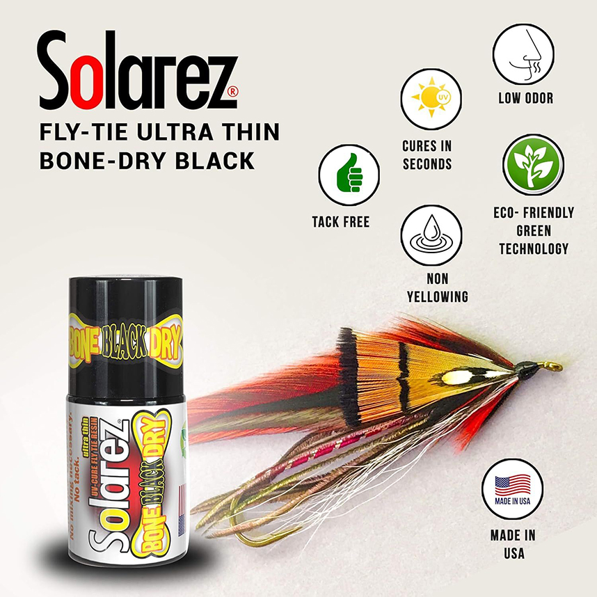 Achieve a clear, non-yellowing finish on flies with Solarez Bone Dry Ultra Thin resin.