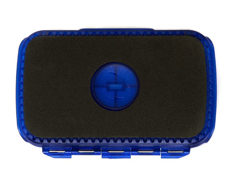 Fulling Mill Fly Patch Box with blue exterior - convenient fly storage solution for fly tying enthusiasts