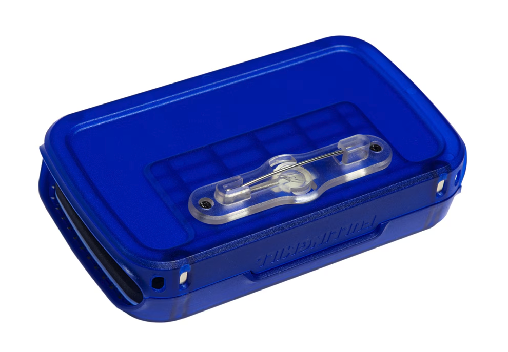 Fulling Mill Fly Patch Box with a blue exterior - perfect for fly anglers needing a reliable fly storage solution