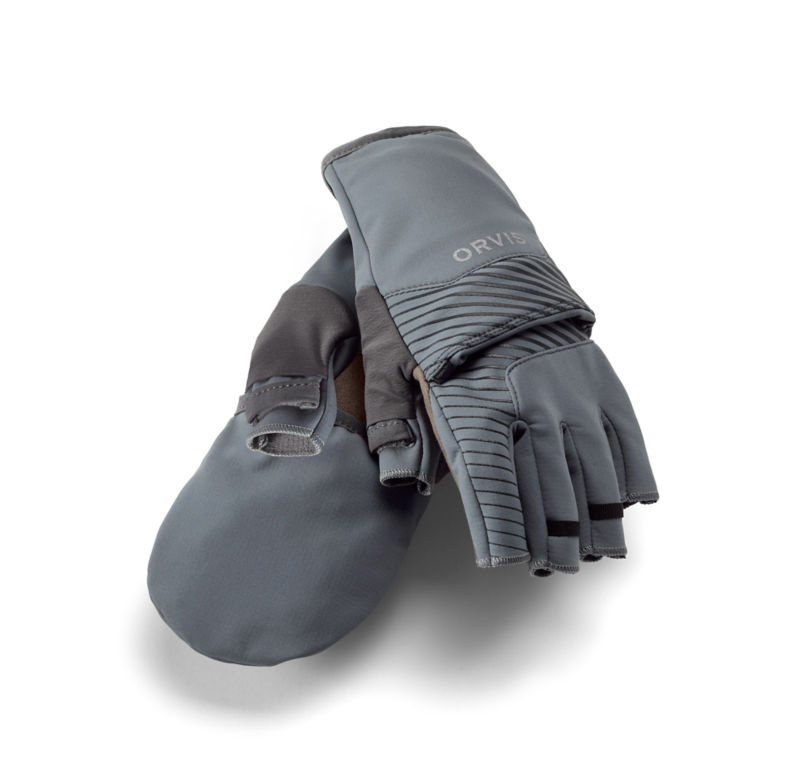 Orvis softshell mitts with flip-top finger cover, adjustable for warmth and dexterity in stock now, ready to ship.
