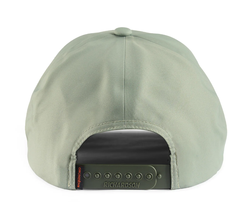 Back of Grundens ICONic DWR Hat in olive color