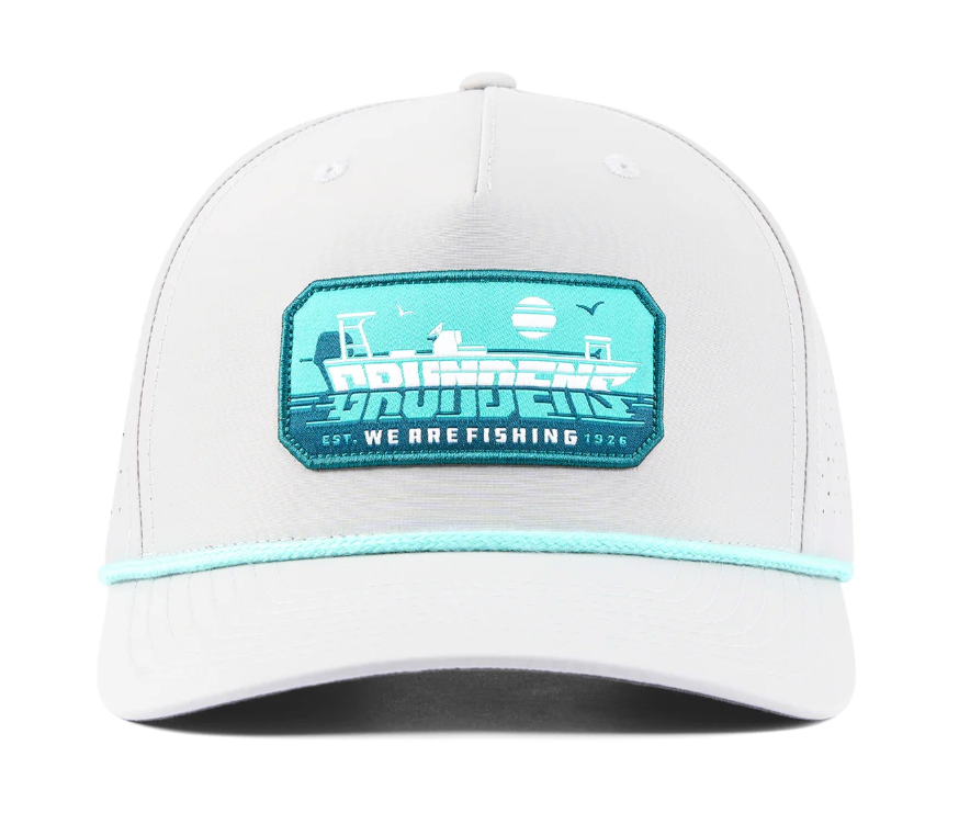 Front of Grundens SkiffScript Vented Hat in silver color
