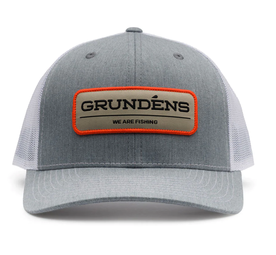 Grundens We Are Fishing Trucker Hat Heather Grey White