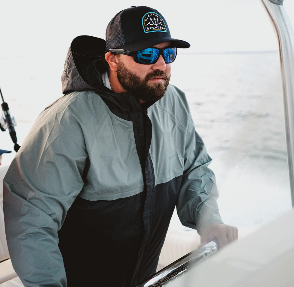 Men's waterproof fishing jacket with windproof construction.