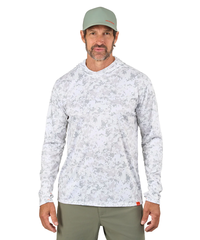 Model wearing Grundens Tough Sun Masked Hoodie