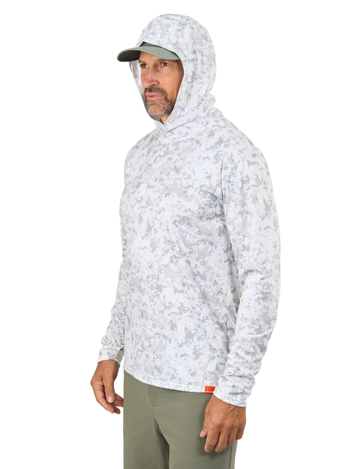 Model with hood up on Grundens Tough Sun Masked Hoodie