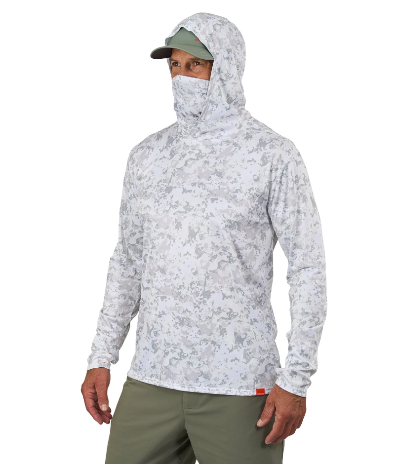 Model wearing Grundens Tough Sun Masked Hoodie with hood and mask up