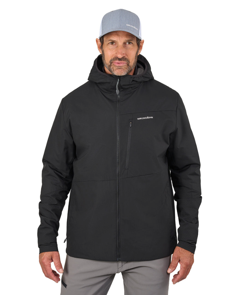 Model wearing Grundens Turbulence Hybrid Hoodie