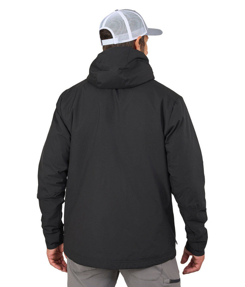 Back of model wearing Grundens Turbulence Hybrid Hoodie