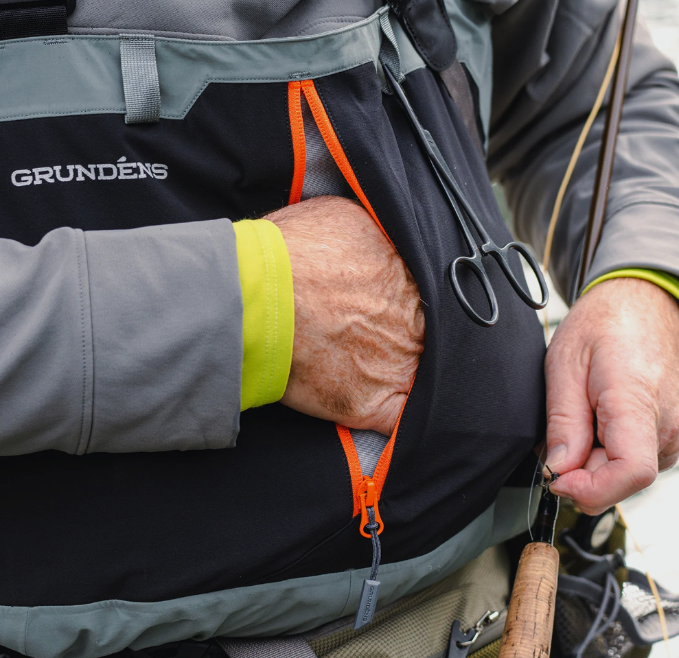 Grundens Bedrock Stockingfoot Waders with water-resistant zippered hand-warmer pockets