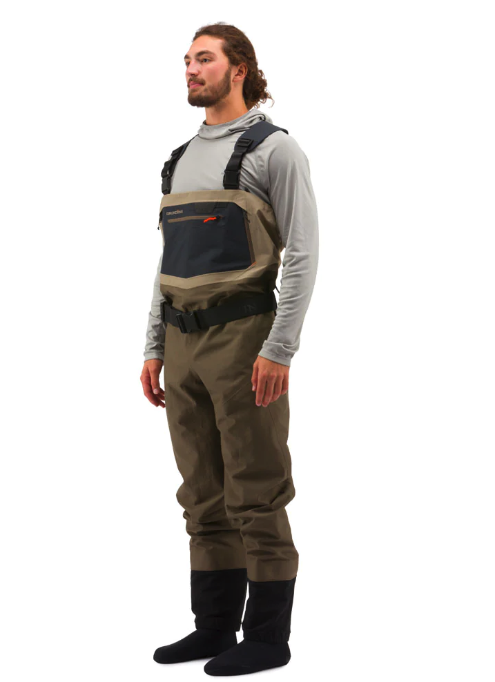 In stock Grundens Boundary Waders featuring a climbing harness-inspired suspension system for all-day comfort