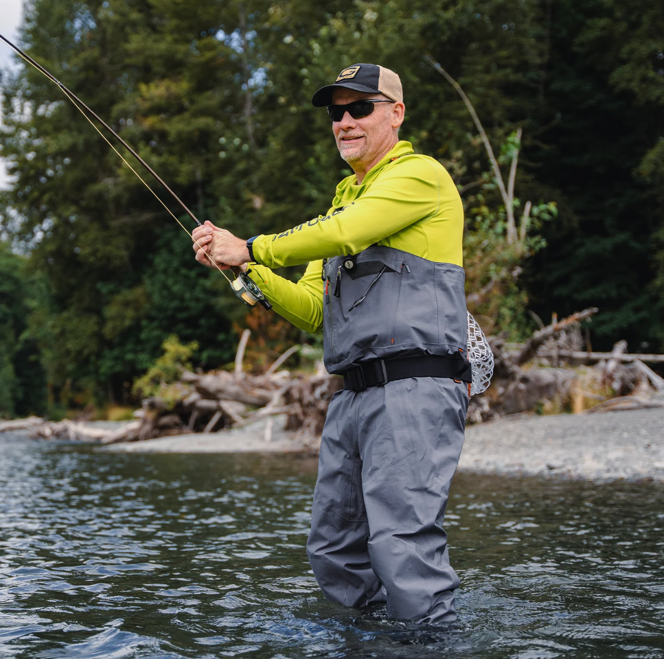 In stock Grundens Vector Waders with anatomically shaped TiAlpha neoprene stockingfeet for warmth