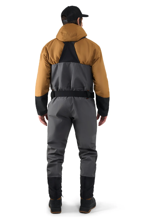 Back of model wearing Grundens Vector Zip Waders