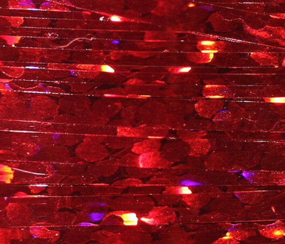 Red Veevus Holographic Tinsel, ideal for creating striking and seductive fly patterns.