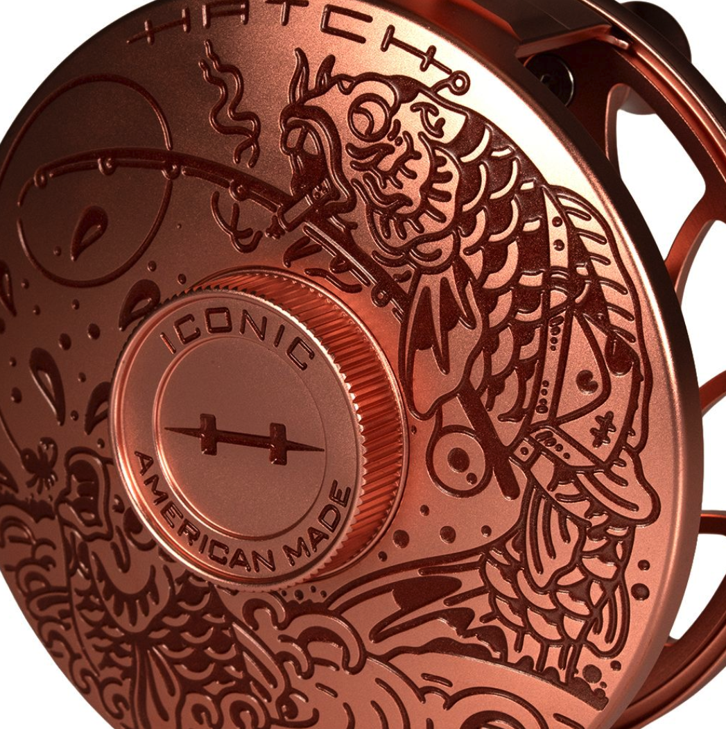 Angled art detail of Hatch Iconic Fly Reel 7 Plus Artist Edition Brent McCarron