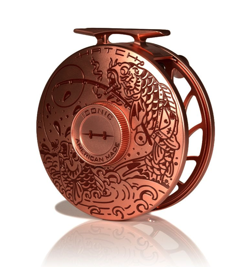 Angled view of Hatch Iconic Fly Reel 7 Plus Artist Edition Brent McCarron