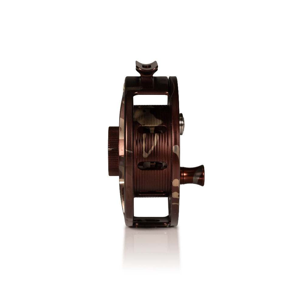 Hatch Iconic 5+ fly reel camo side profile showing spool width drag system housing and reel seat design