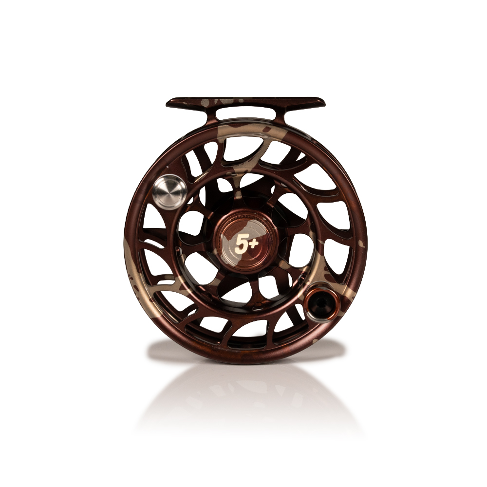 Hatch Iconic 5 Plus fly reel camo bone white fill limited edition front view machined aluminum fly fishing reel
