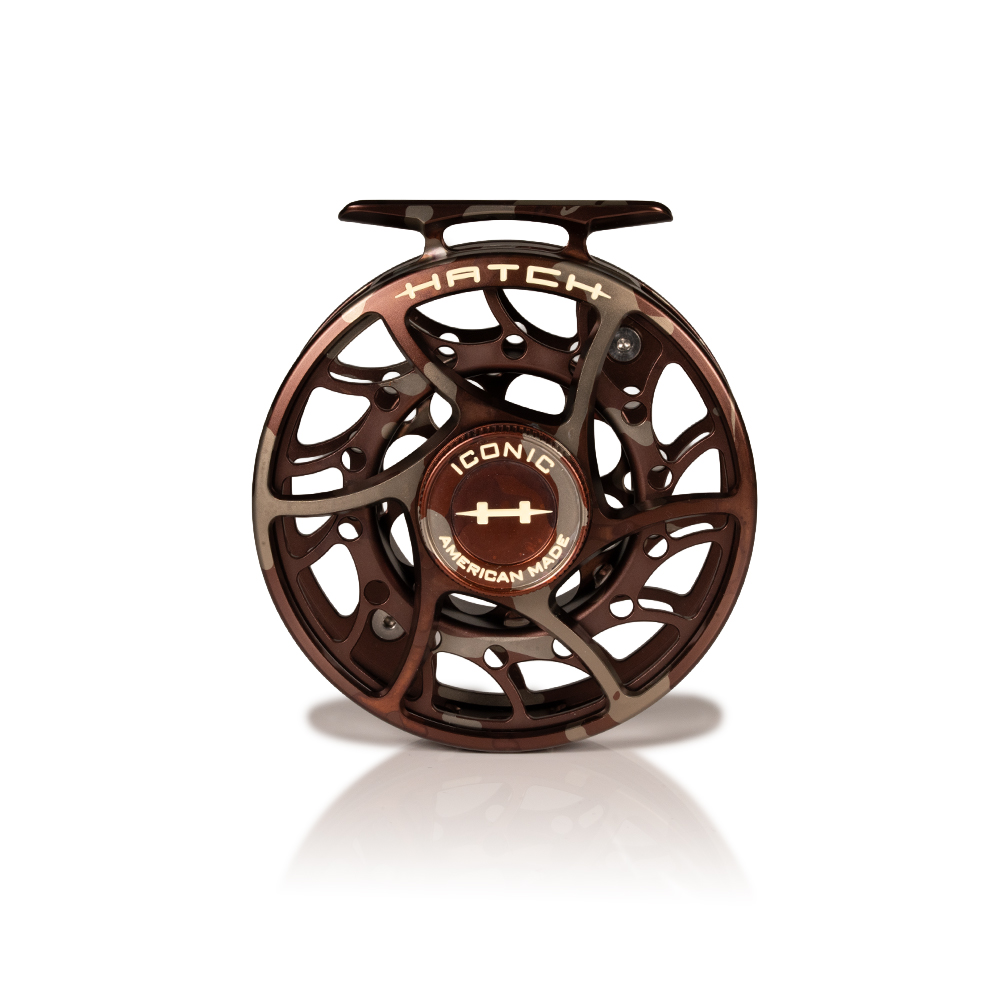Hatch Iconic 5+ limited edition camo fly reel mid arbor design sealed carbon drag system close up