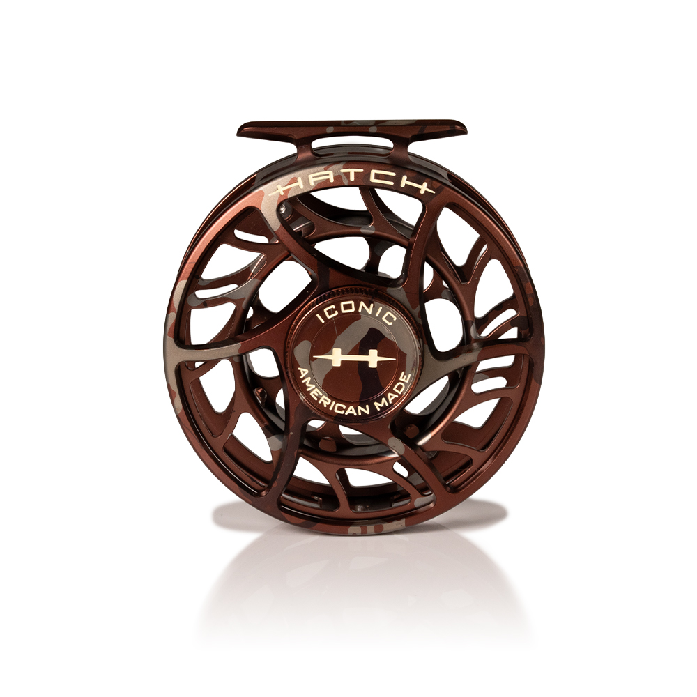 Hatch Iconic 7 Plus camo fly fishing reel bone white fill limited edition front view USA made sealed drag system