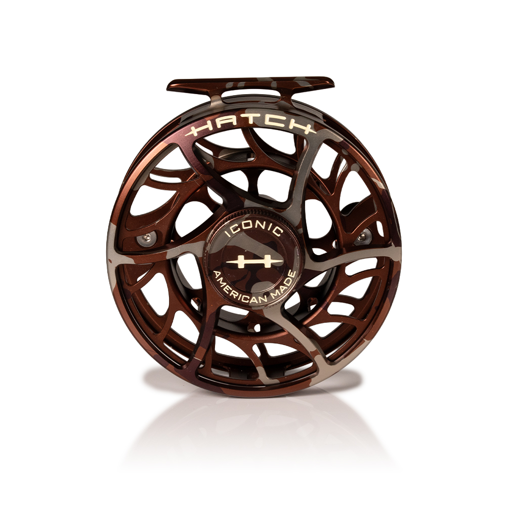 Hatch 9+ camo fly fishing reel rear view highlighting sealed drag adjustment knob and precision machined spool design