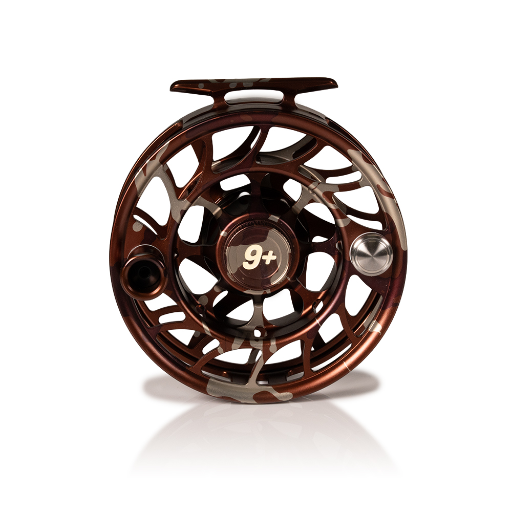 Hatch Iconic 9+ camo fly reel front profile for tarpon permit and big game with sealed carbon drag system
