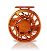 Front view of Hatch Iconic Fly Reel 7 Plus Campfire Orange color mid arbor