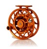 Angled view of Hatch Iconic Fly Reel 7 Plus Campfire Orange color mid arbor