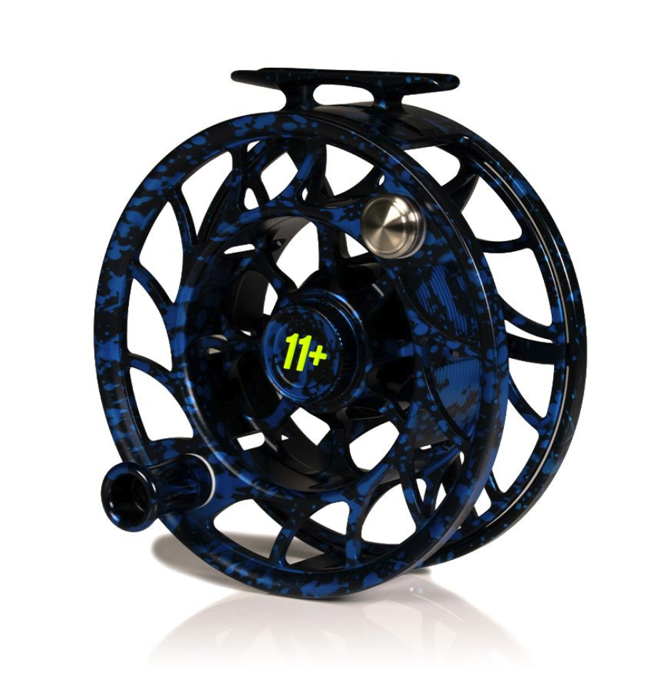 Angled view of Hatch Iconic Fly Reel 11 Plus Dark Matter Blue/Black Limited Edition