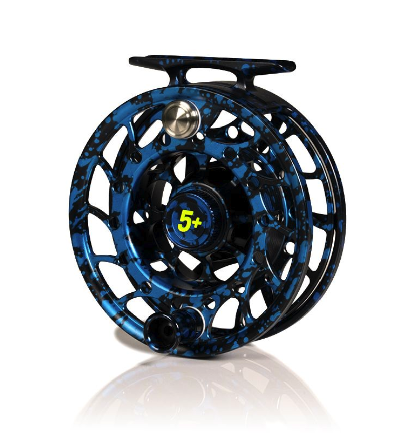 Angled view of Hatch Iconic Fly Reel 5 Plus Dark Matter Blue/Black Limited Edition Mid Arbor