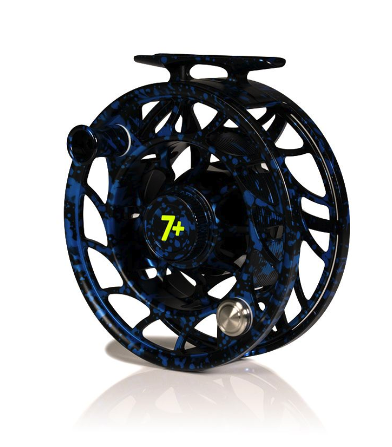 Angled view of Hatch Iconic Fly Reel 7 Plus Dark Matter Blue/Black Limited Edition Large Arbor
