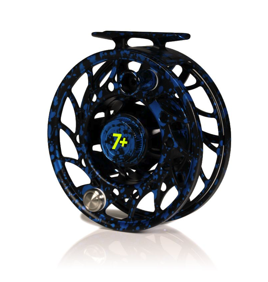 Angled view of Hatch Iconic Fly Reel 7 Plus Dark Matter Blue/Black Limited Edition Mid Arbor