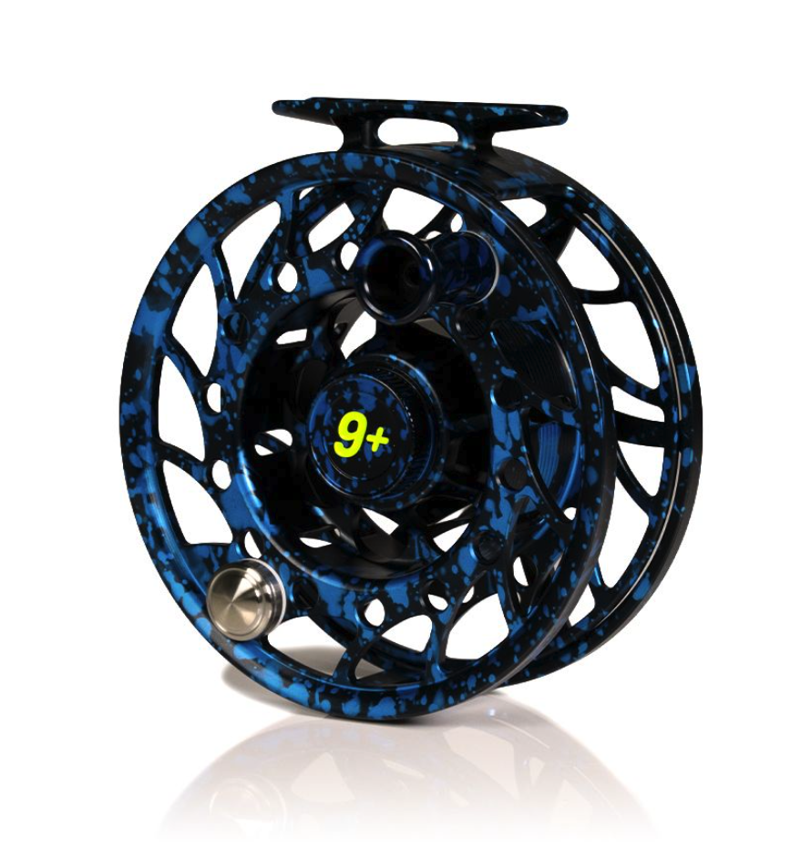 Angled view of Hatch Iconic Fly Reel 9 Plus Dark Matter Blue/Black Limited Edition Mid Arbor
