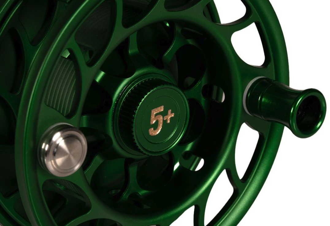 Spool release detail of Hatch Iconic Fly Reel 5 Plus Artist Edition Drew Wilson