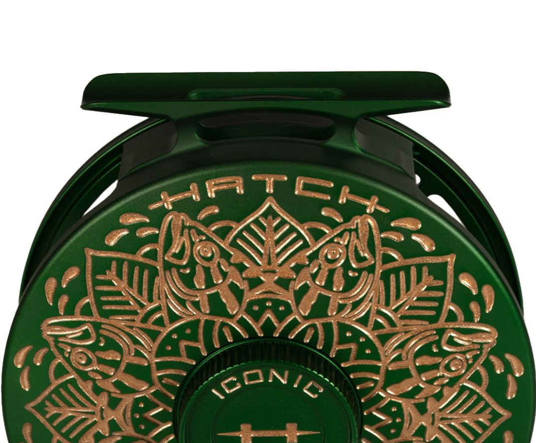 Reel foot detail of Hatch Iconic Fly Reel 5 Plus Artist Edition Drew Wilson
