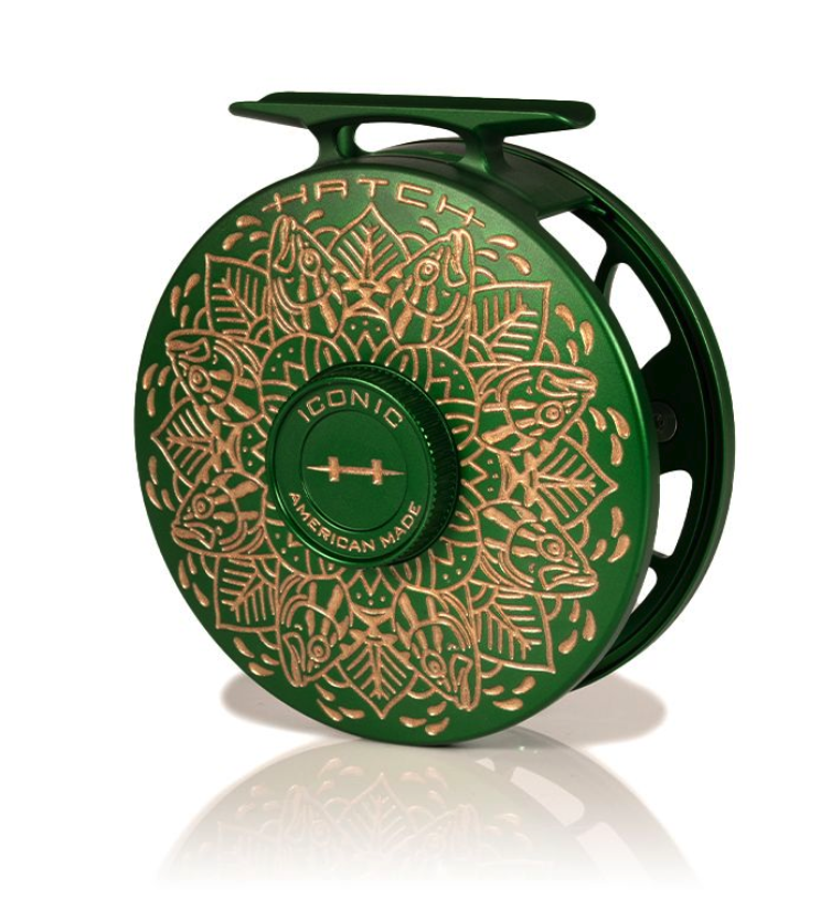Angled frame view of Hatch Iconic Fly Reel 5 Plus Artist Edition Drew Wilson