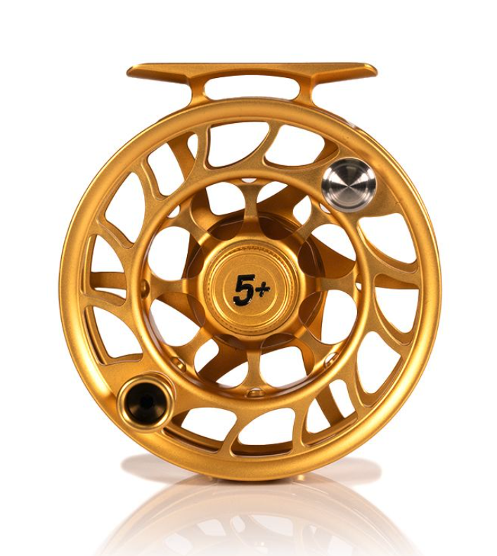 Front view of Hatch Iconic Fly Reel 5 Plus Fool's Gold Limited Edition Large Arbor