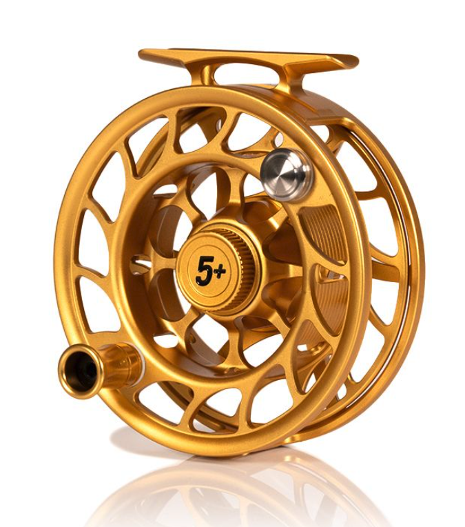 Hatch Iconic Fly Reel 5 Plus Fool's Gold Limited Edition Large Arbor Angle Angled view of Hatch Iconic Fly Reel 5 Plus Fool's Gold Limited Edition Large Arbor