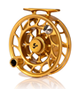 Angled view of Hatch Iconic Fly Reel 5 Plus Fool's Gold Limited Edition Large Arbor