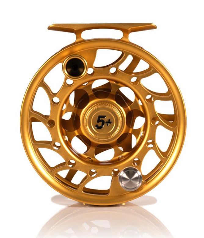 Hatch Iconic Fly Reel 5 Plus Fool's Gold Limited Edition Mid Arbor Front view of Hatch Iconic Fly Reel 5 Plus Fool's Gold Limited Edition Mid Arbor